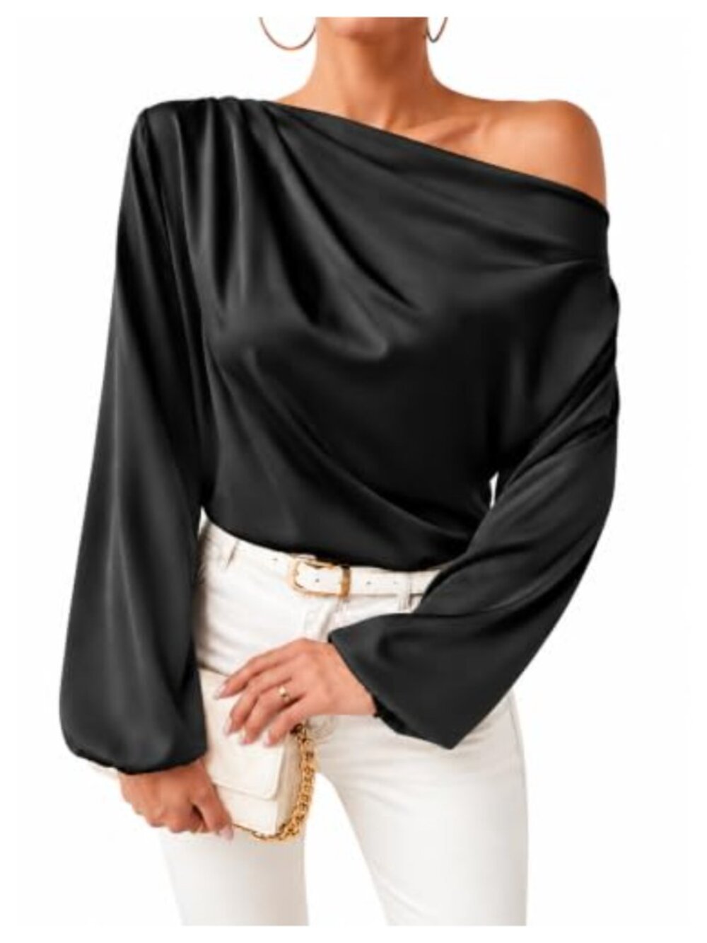 Satin Ruched Off Shoulder Blouse Long Sleeve Party Top